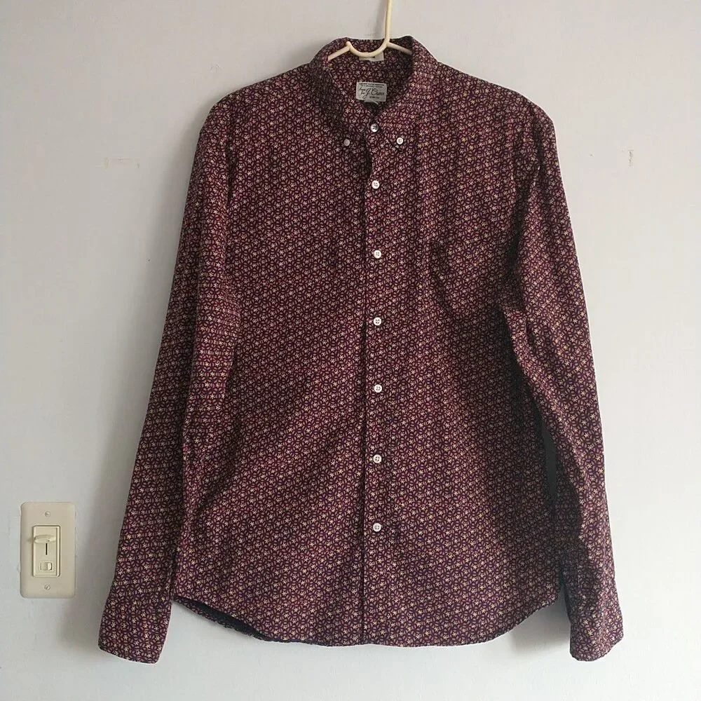 J Crew Secret Wash Button Down Shirt Men L Multicolor Floral Organic Cotton Slim